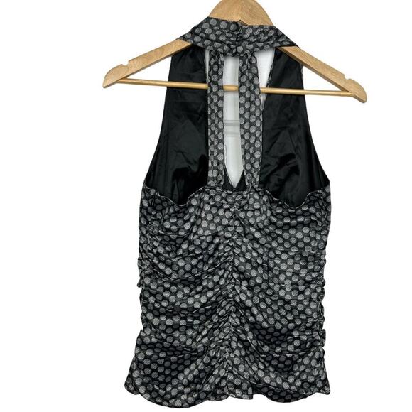 EXPRESS Y2K 8 Dot and Stripe Black/Gray/White Satin Ruched Halter Neck Tank - Picture 2 of 9